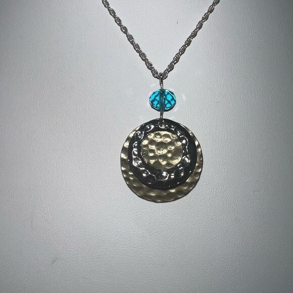 Silver and Gold Tone Hammered Disc Bead Charm Necklace - Picture 2 of 7